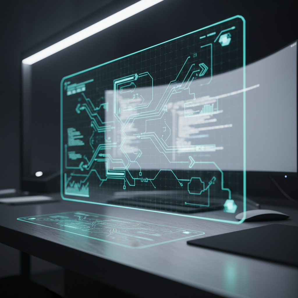 A close-up view of a seamless, transparent interface hologram displaying interlocking data flow diagrams in glowing blue and teal lines, hovering above a brushed metal desk. The setting is a minimalist, high-tech workspace with dark, matte surfaces and a large LED monitor softly aglow in the background. White ambient lighting casts gentle highlights and faint reflections, creating an atmosphere that is focused, sophisticated, and forward-thinking. Shot from a low, slightly off-center angle, the composition uses shallow depth of field to keep attention on the sharp, luminous holographic elements. The aesthetic is clean, modern, and professional, evoking the cutting-edge automation services of HyTech Solutions.