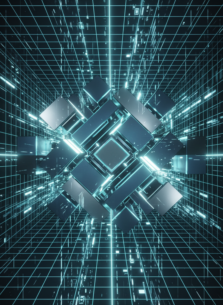 An intricate, abstract composition of interlocking, semi-transparent cubes and cylinders in glossy shades of steel blue, charcoal gray, and metallic silver, floating in a digital, grid-patterned space. Subtle neon light accents in cyan and white illuminate the geometric forms, creating soft, diffused glow and gentle, swirling reflections. The environment suggests an advanced artificial intelligence or automated data system at work. The mood is dynamic yet organized, highlighting precision and innovation. The image is shot straight-on with a centered, symmetric composition and crisp, photographic realism, reinforcing the company’s focus on technology-driven efficiency and workflow automation.