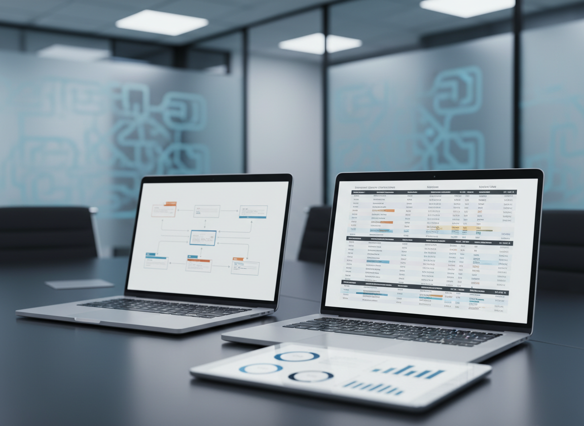 A close-up, photographic view of two open laptops and a tablet arranged on a dark matte conference table, each screen displaying different sections of an integrated business system: automated workflows represented by simple flowing lines, centralized data grids, and real-time KPI dashboards with graphs and dials. Subtle reflections ripple across the devices’ brushed aluminum bodies. Overhead, soft cool-white office lighting casts even illumination with minimal shadows, enhancing a precise, analytical atmosphere. The background falls into a gentle bokeh of a contemporary office interior with glass partitions and abstract data-flow graphics on frosted panels. Eye-level composition, rule-of-thirds framing, crisp and professional, emphasizing automation and connected data without any visible human presence or readable text.