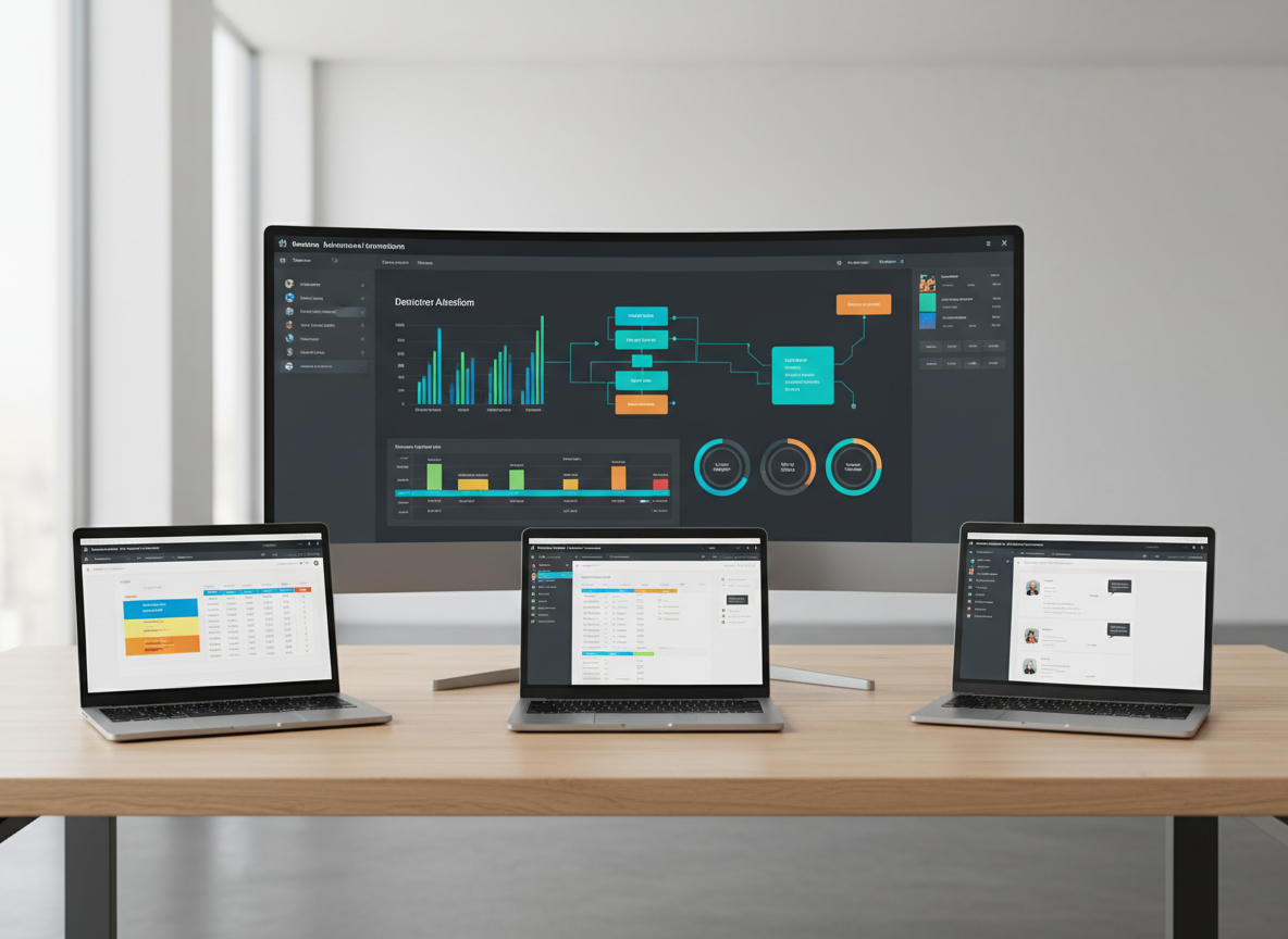 A wide, cinematic view of a sleek, modern workspace dominated by a large ultra-wide monitor showing a clean business automation dashboard with charts, workflow diagrams, and status indicators. Multiple slim laptops sit on a light oak desk, each displaying different parts of a unified platform that clearly replaces messy spreadsheets with organized, color-coded data tables. Soft daylight pours through large unseen windows, creating gentle reflections on the matte metal surfaces and glass screens. The mood is calm, focused, and professional. Photographic realism, shot at eye level with a slightly wide-angle lens, sharp focus throughout, clean and modern aesthetic, suggesting streamlined, automated operations without showing any people or text.