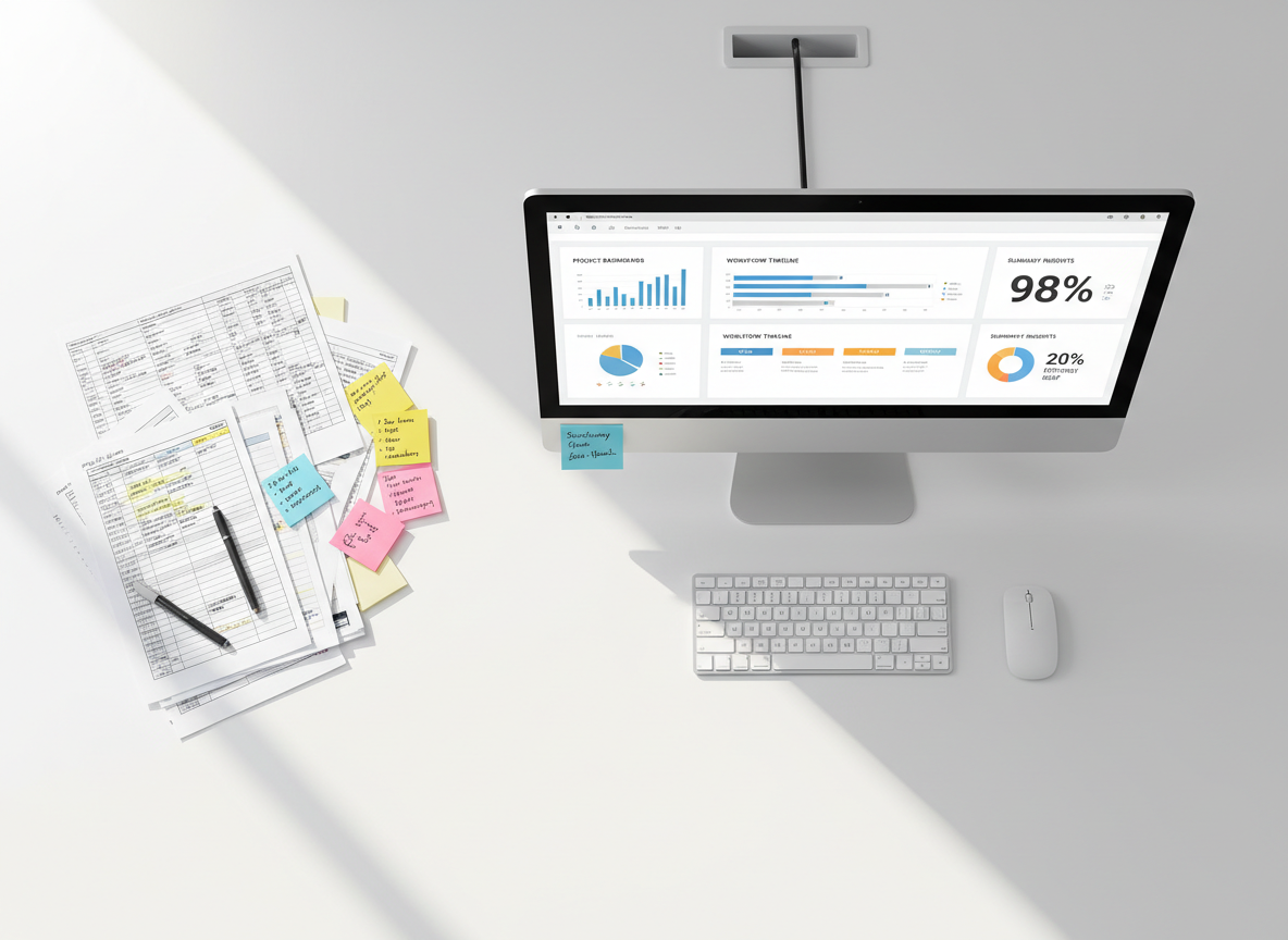 An elevated, photographic top-down shot of a pristine white desk meticulously organized into zones: one area with a stack of printed spreadsheets and scattered sticky notes on the left, transitioning into a central high-resolution monitor on the right that displays a single unified platform with structured dashboards, workflow timelines, and summary insights. Cables are neatly routed, and a minimal wireless keyboard and mouse sit symmetrically below the screen. Soft morning light from the upper left creates gentle highlights and subtle shadows, reinforcing a sense of clarity and transition from chaos to order. The mood is transformative and confident, with a clean, modern aesthetic and sharp focus across the frame, symbolizing the move from manual Excel processes to automated, centralized solutions.