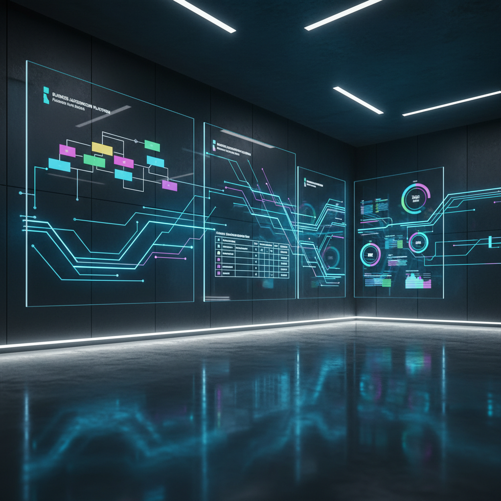 A dramatic, photographic scene of an abstract data center-inspired room where transparent, glowing lines flow between a series of wall-mounted screens, each showing segments of a business automation platform: process maps, consolidated databases, and real-time performance dashboards represented as colorful shapes and charts. The environment features dark matte walls and a polished concrete floor that reflects the soft neon blues and teals of the data streams. Directional overhead lighting and subtle under-cabinet LEDs create pools of light and gentle gradients, casting diffuse reflections rather than harsh shadows. Shot from a slightly low angle for a sense of scale and innovation, with a dynamic, high-tech mood that emphasizes invisible automation working seamlessly in the background.